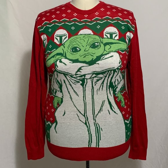 Ugly Christmas Sweater Star Wars Mandalorian Child Baby Yoda Red Mens Womens S - Picture 1 of 4